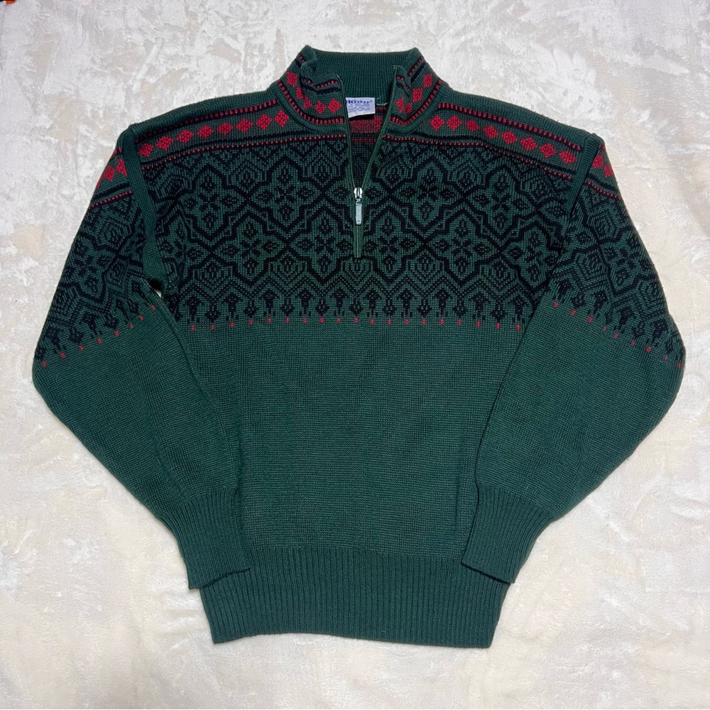 Vintage Meister Nordic Quarter Zip Sweater Fair Isle Ski Green Wool Blend Large